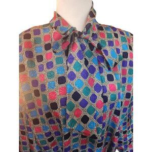1980s Pussycat Bow Front Shift Dress Silky Satin Polyester Geometic Print Neon B
